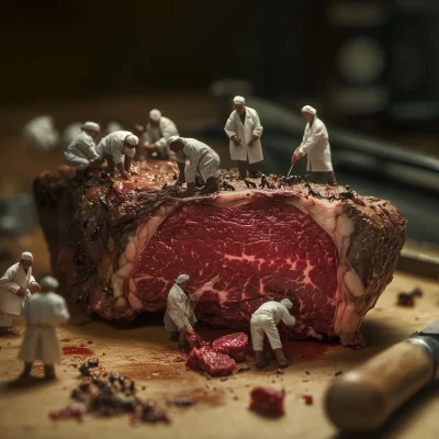 Tiny Doctors Inspecting Giant Beef