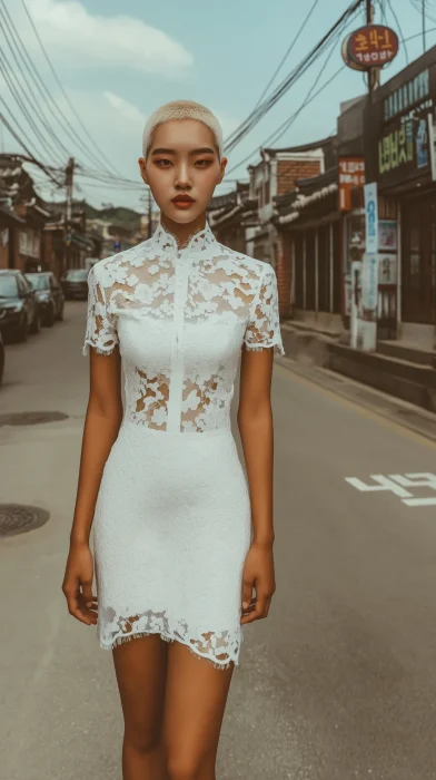 Confident Korean Girl in Lace Dress