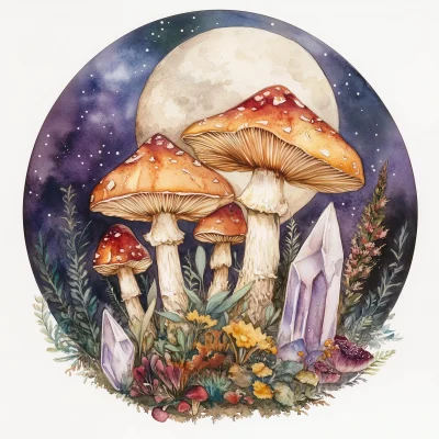 Mushrooms and Moon Watercolor