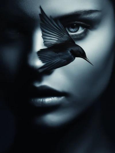 Realistic Woman Portrait with Swallow