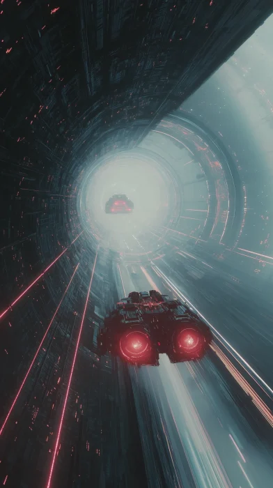 Futuristic Spaceship in Neon Tunnel