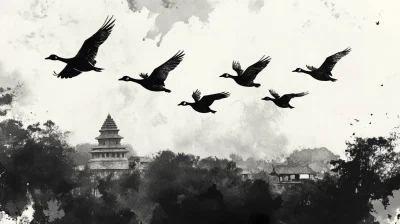 Geese in Flight Over Nalanda Temple