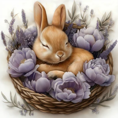 Sleeping Baby Bunny in Flowers