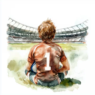 Teenage Boy with Rugby Ball in Watercolor