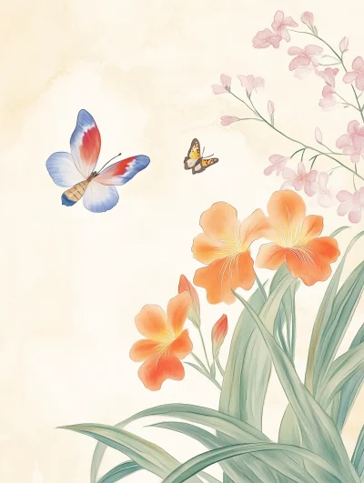 Korean Traditional Folk Painting of Freesia and Butterflies