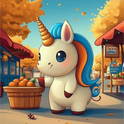 Fall Market Scene with Unicorn Vendor