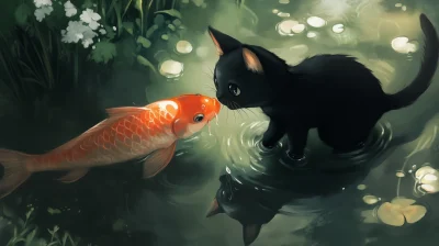 Chibi Cat and Koi Fish