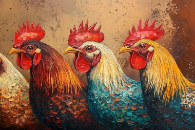 Colorful Roosters and Chickens