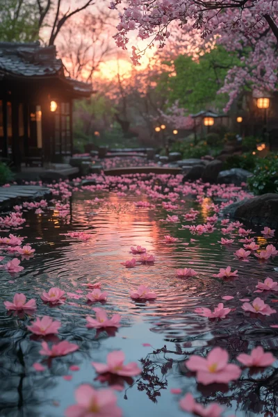 Spring Night in Japanese Garden