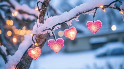 Heart Lights on a Snowy Tree