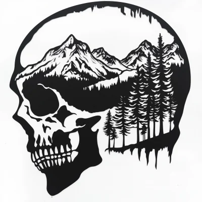 Skull with Mountain and Tree Design