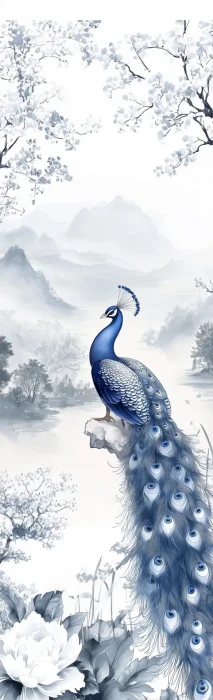 Elegant Blue Peacock in Asian Landscape