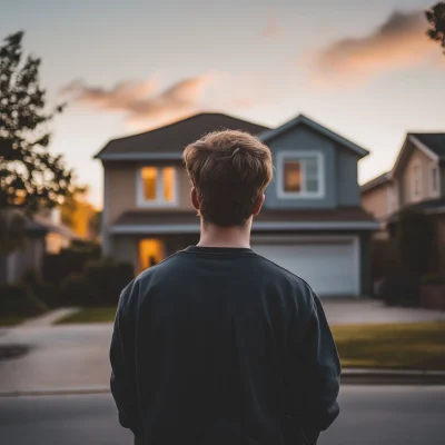 Man standing in front of a small home