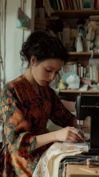 Woman Sewing in Atelier