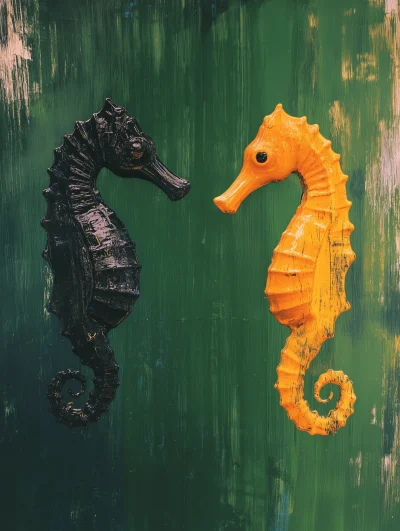 Colored Seahorses in Water