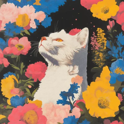 White Cats Collage Floral