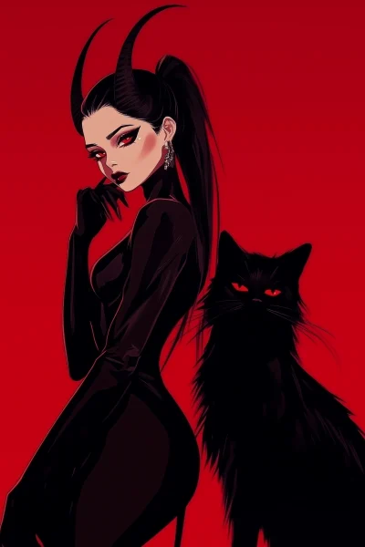 Elegant Demoness with Cat