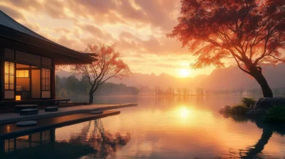 Peaceful Japanese Onsen at Sunrise