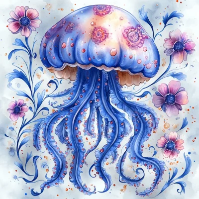 Cute Jellyfish and Flowers