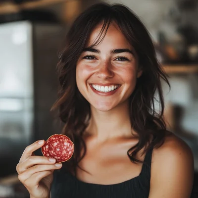 Cheerful Woman with Salami