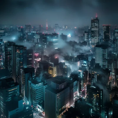 Foggy Tokyo Aerial View at Night