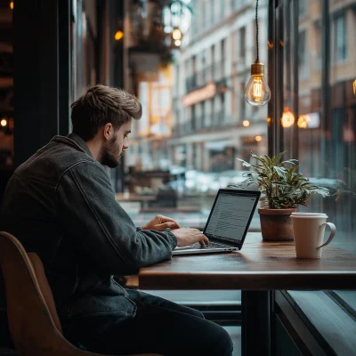 Young Man Working in a Cafe