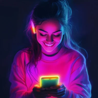 Woman Smiling at Cell Phone