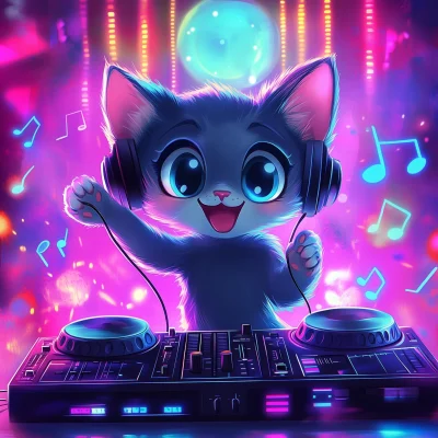 DJ Cat in a Neon Party