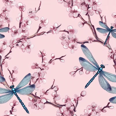 Dragonflies and Cherry Blossoms Pattern