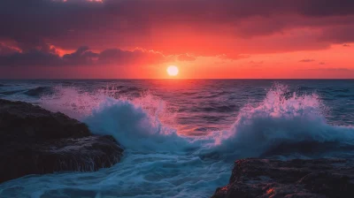 Crimson Sunset Over Ocean