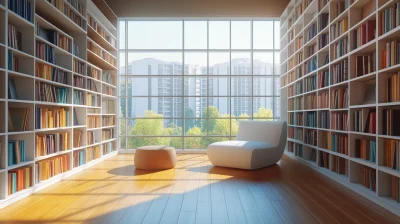 Clean Sunny Bookshelves in a Library