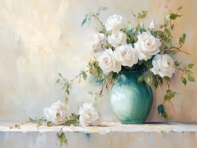 White Roses in Green Vase