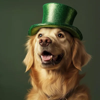 Happy Golden Retriever in St. Patrick’s Day Hat