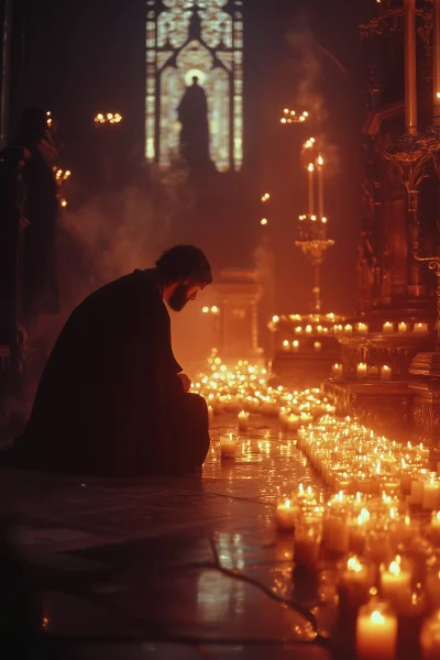 Candlelit Vigil in a Historic Church