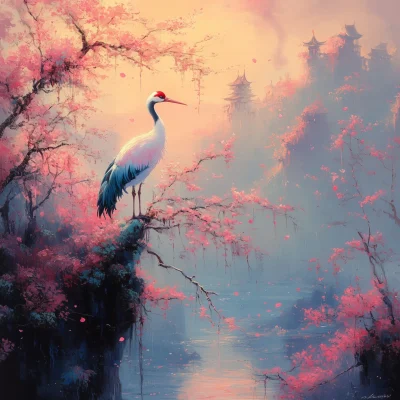 Crane Among Cherry Blossoms