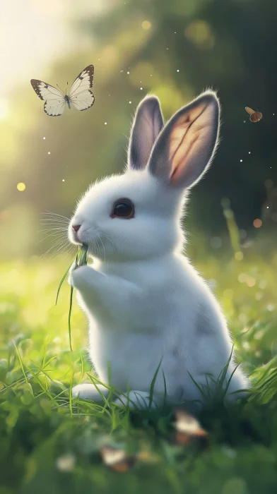 Cute Rabbit Eating Grass