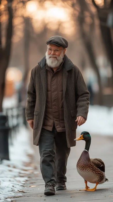 Old Man Walking His Duck