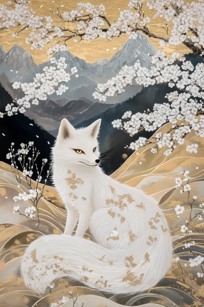 Elegant White Fox in Cherry Blossoms