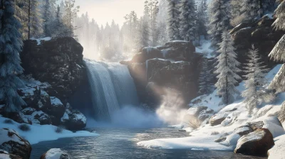 Winter Waterfall in Snowy Forest