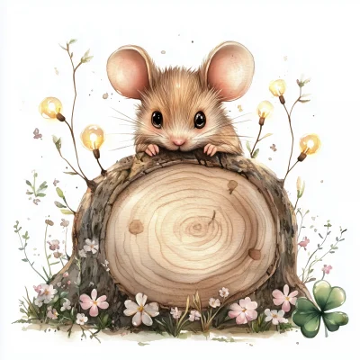 Watercolor Mouse on a Log