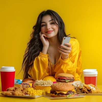 Cheerful Desi Woman with Fast Food