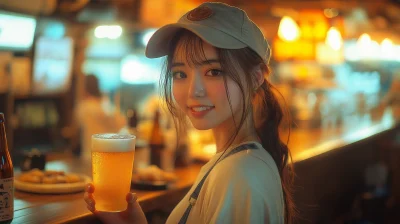 Japanese woman serving cold beer