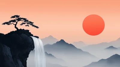 Mountain Waterfall at Sunset