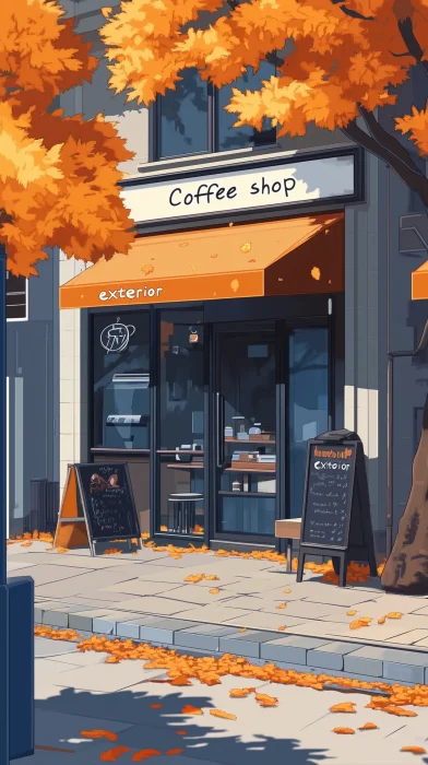 Coffee Shop with Autumn Leaves