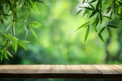 Wooden Table with Bamboo Leaves