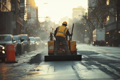 Construction Worker Laying Asphalt