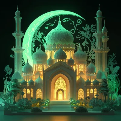 Illuminated Mosque in Crescent Moon