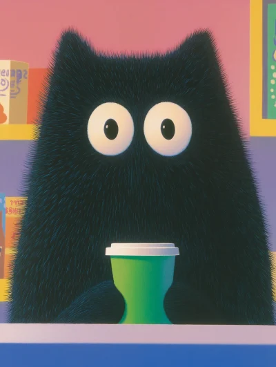 Cute Black Kitten with Coffee