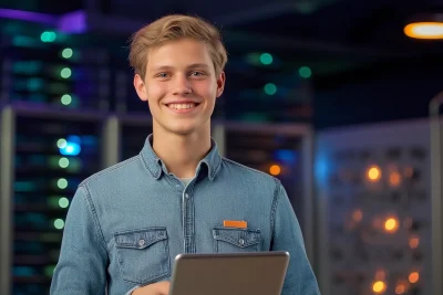 Smiling Young Man with Laptop