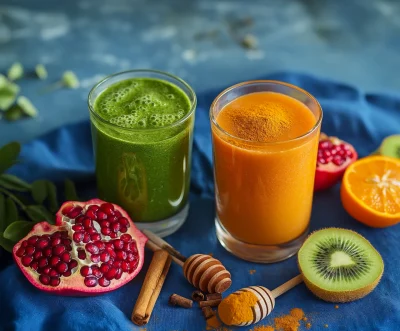 Colorful Smoothies on Blue Tablecloth